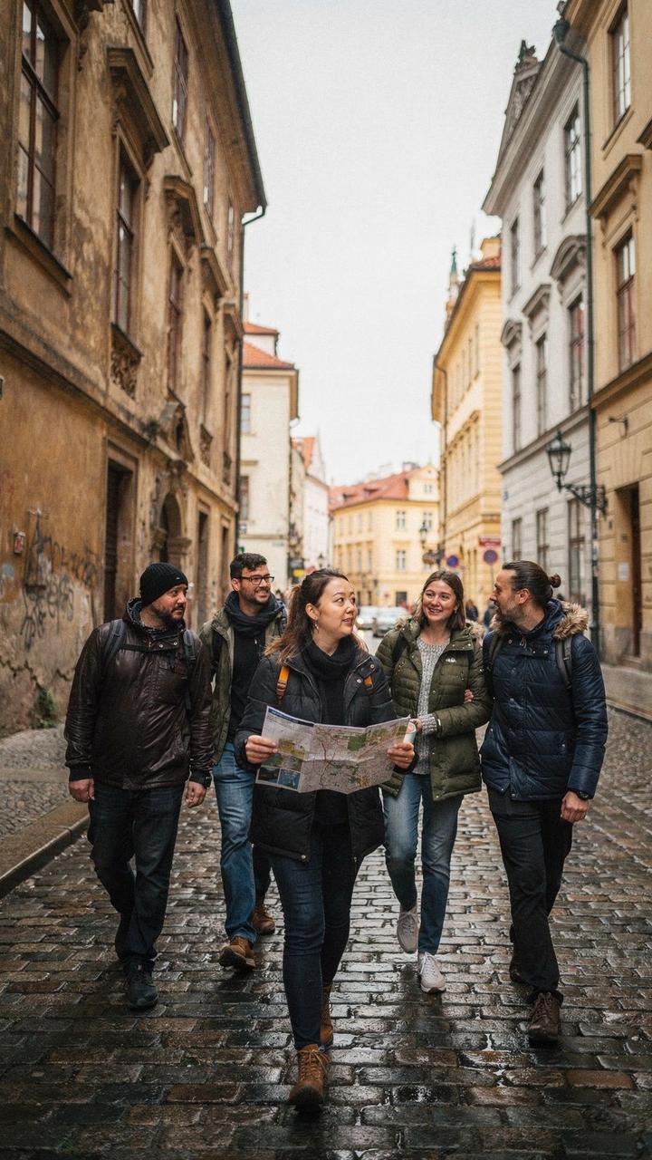 Small group of travellers walking a cobbled old-town street in Prague with their guide