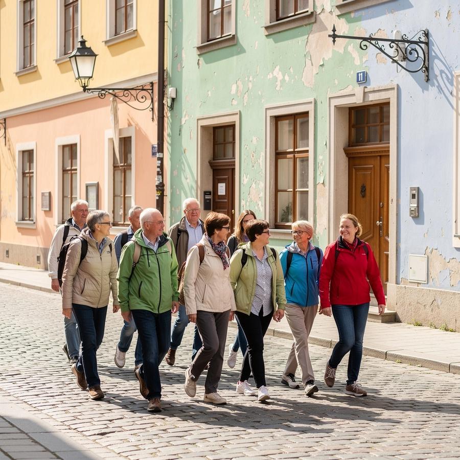 Travellers from a small group walking through a cobbled European old town at midday